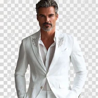 A handsome, fit, muscular middle-aged man, wearing a white cotton and linen pleated suit jacket, peaked lapels, with vintage vine embroidery on the collar, paired with a white shirt and white straight pants. The model stands facing the camera, high-definition, real shot, light gray background, main clothing, retro old money style