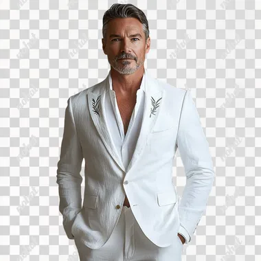 A handsome, fit, muscular middle-aged man, wearing a white cotton and linen pleated suit jacket, peaked lapels, with vintage vine embroidery on the collar, paired with a white shirt and white straight pants. The model stands facing the camera, high-definition, real shot, light gray background, main clothing, retro old money style