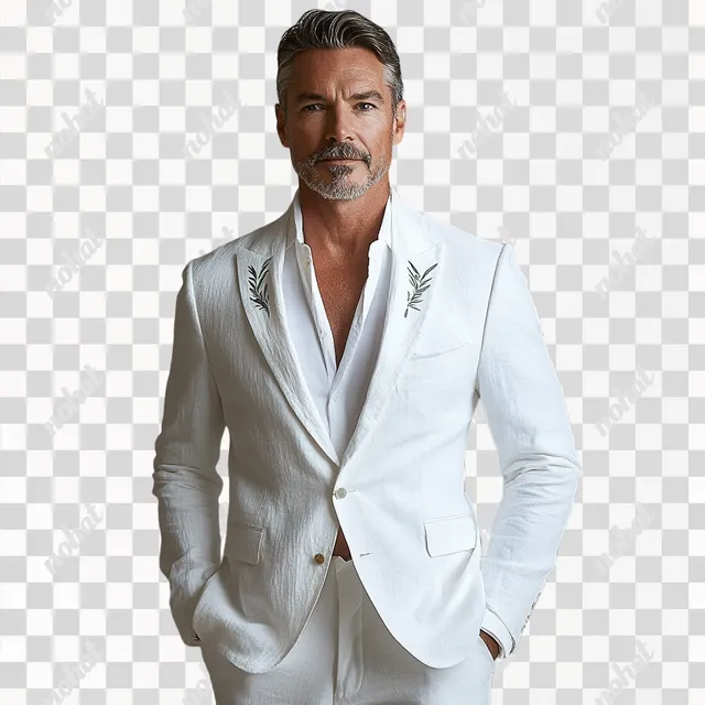 PNG Handsome middle-aged man in white suit, retro style, urban setting