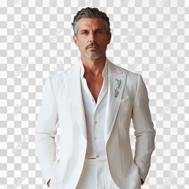 A handsome, fit, muscular middle-aged man, wearing a white cotton and linen pleated suit jacket, peaked lapels, with vintage vine embroidery on the collar, paired with a white shirt and white straight pants. The model stands facing the camera, high-definition, real shot, light gray background, main clothing, retro old money style
