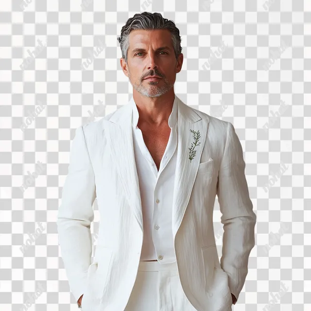 PNG Handsome middle-aged man in white retro suit in urban setting
