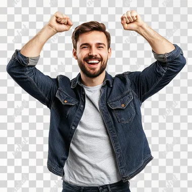 Image of a happy young dynamic man doing a victory pose, white background, 8k resolution, strong and dynamic composition