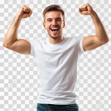 Image of a happy young dynamic man doing a victory pose, white background, 8k resolution, strong and dynamic composition