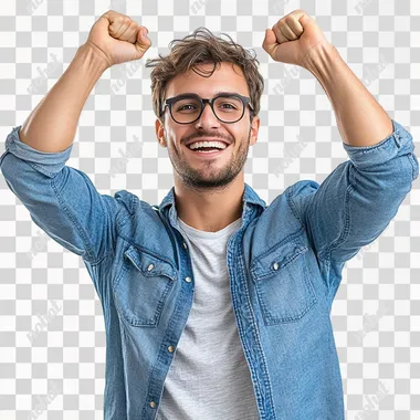 Image of a happy young dynamic man doing a victory pose, white background, 8k resolution, strong and dynamic composition