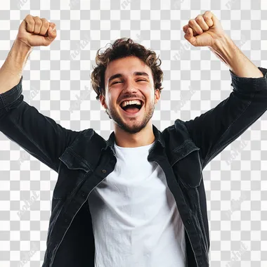 Image of a happy young dynamic man doing a victory pose, white background, 8k resolution, strong and dynamic composition