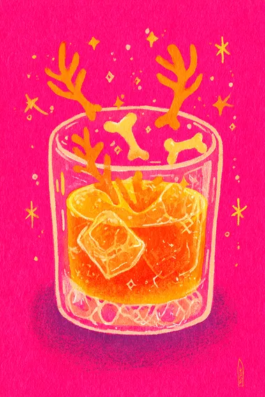 cute gouache illustration A sparkling glass of whiskey with floating wishbones and tiny stars. , pink, orange ,gold, red colour scheme  rofile vg7y6ad