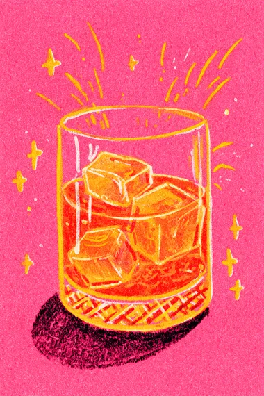 cute gouache illustration A sparkling glass of whiskey with floating wishbones and tiny stars. , pink, orange ,gold, red colour scheme  rofile vg7y6ad