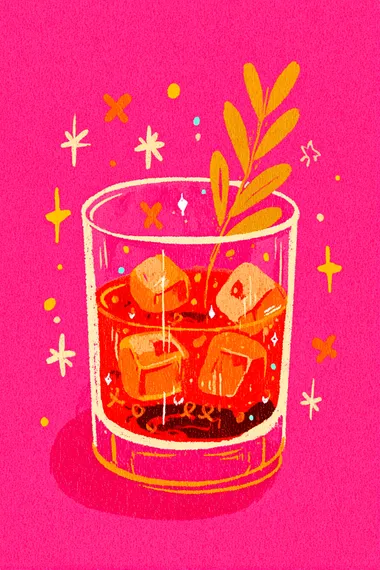 cute gouache illustration A sparkling glass of whiskey with floating wishbones and tiny stars. , pink, orange ,gold, red colour scheme  rofile vg7y6ad