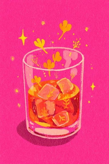 cute gouache illustration A sparkling glass of whiskey with floating wishbones and tiny stars. , pink, orange ,gold, red colour scheme  rofile vg7y6ad