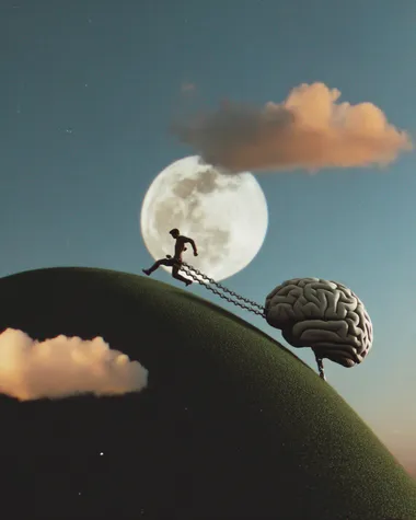 A lone person climbing a soft green hill beneath a dreamy twilight sky, oversized full moon glowing above. Their feet are bound by a massive, hyper-detailed human brain, sculpted like stone, dragging behind them on a chain. The figure is straining forward, mid-step, clearly trying to ascend but being held back. The hill curves gently, evoking both beauty and struggle. Stylized minimal clouds drift in the sky, surreal and fluffy. Muted cinematic color palette--cool blues, soft greens, pale pink moonlight, subtle shadows. Composition is balanced and clean, almost like a dream still--evoking emotion and curiosity at a glance. High realism with a painterly finish.     rofile zrho2ia