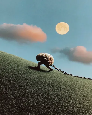 A lone person climbing a soft green hill beneath a dreamy twilight sky, oversized full moon glowing above. Their feet are bound by a massive, hyper-detailed human brain, sculpted like stone, dragging behind them on a chain. The figure is straining forward, mid-step, clearly trying to ascend but being held back. The hill curves gently, evoking both beauty and struggle. Stylized minimal clouds drift in the sky, surreal and fluffy. Muted cinematic color palette--cool blues, soft greens, pale pink moonlight, subtle shadows. Composition is balanced and clean, almost like a dream still--evoking emotion and curiosity at a glance. High realism with a painterly finish.     rofile zrho2ia
