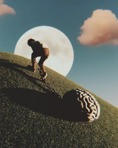 A lone person climbing a soft green hill beneath a dreamy twilight sky, oversized full moon glowing above. Their feet are bound by a massive, hyper-detailed human brain, sculpted like stone, dragging behind them on a chain. The figure is straining forward, mid-step, clearly trying to ascend but being held back. The hill curves gently, evoking both beauty and struggle. Stylized minimal clouds drift in the sky, surreal and fluffy. Muted cinematic color palette--cool blues, soft greens, pale pink moonlight, subtle shadows. Composition is balanced and clean, almost like a dream still--evoking emotion and curiosity at a glance. High realism with a painterly finish.     rofile zrho2ia