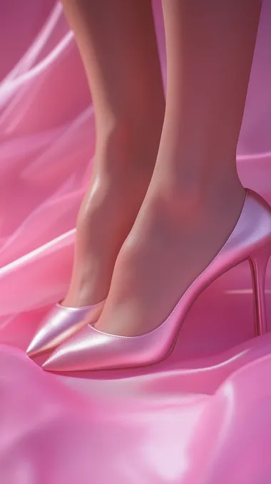 A studio shot of a woman's foot model, taken with a Canon EOS R5 and a 100mm macro lens. The focus is on her perfectly manicured toes resting beside elegant high heels. Soft studio lighting highlights the curves of both the foot and the shoes. The background is a soft pink gradient, adding a feminine touch. The light creates gentle shadows, emphasizing the smooth skin and glossy shoes. HD quality, studio photography, high contrast lighting