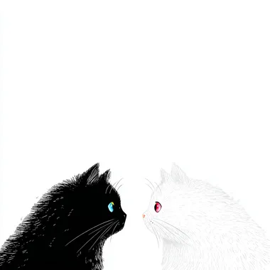 A black cat and a white cat face each other, in a cute cartoon style, with a simple white background. The cats have colorful, eye-catching eyes, and the composition is high-resolution and super detailed, resulting in a high-quality, high-definition wallpaper.   buixf8g