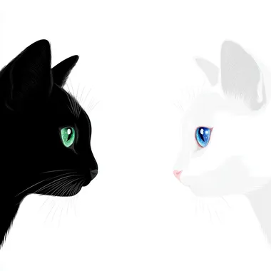 A black cat and a white cat face each other, in a cute cartoon style, with a simple white background. The cats have colorful, eye-catching eyes, and the composition is high-resolution and super detailed, resulting in a high-quality, high-definition wallpaper.   buixf8g