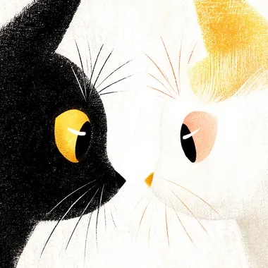 A black cat and a white cat face each other, in a cute cartoon style, with a simple white background. The cats have colorful, eye-catching eyes, and the composition is high-resolution and super detailed, resulting in a high-quality, high-definition wallpaper.   buixf8g