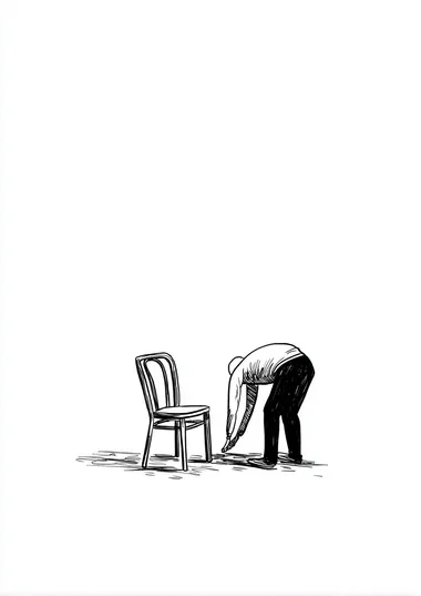 A person bending down to pick something up from the floor, with their head and shoulders on one side of an empty chair. Simple line drawing, simple lines, white background, black ink, minimalism, cartoon style, flat illustration, and white space around it, in the style of a simple, stylized figure.