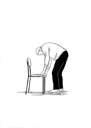 A person bending down to pick something up from the floor, with their head and shoulders on one side of an empty chair. Simple line drawing, simple lines, white background, black ink, minimalism, cartoon style, flat illustration, and white space around it, in the style of a simple, stylized figure.
