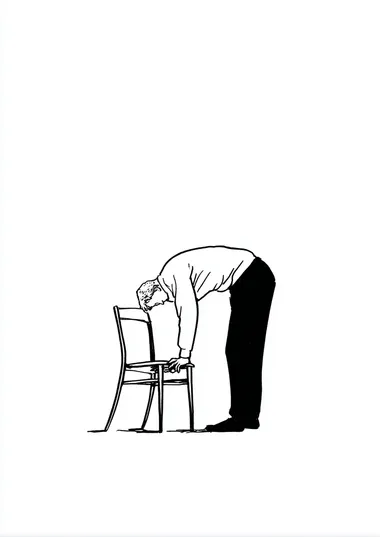 A person bending down to pick something up from the floor, with their head and shoulders on one side of an empty chair. Simple line drawing, simple lines, white background, black ink, minimalism, cartoon style, flat illustration, and white space around it, in the style of a simple, stylized figure.