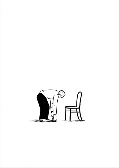 A person bending down to pick something up from the floor, with their head and shoulders on one side of an empty chair. Simple line drawing, simple lines, white background, black ink, minimalism, cartoon style, flat illustration, and white space around it, in the style of a simple, stylized figure.