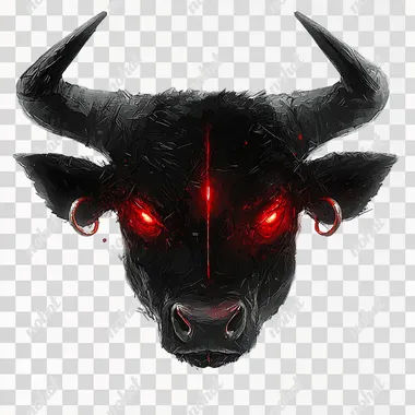 red bull head with big horns and big a nose ring and glowing red eyes, icon for horror video game, vector graphics, ui element, vector graphics, white background, horror, creepy, eerie, dark, black, ominous,