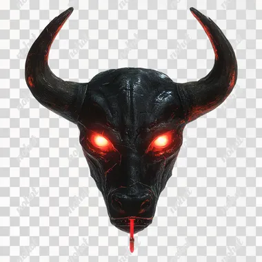 red bull head with big horns and big a nose ring and glowing red eyes, icon for horror video game, vector graphics, ui element, vector graphics, white background, horror, creepy, eerie, dark, black, ominous,