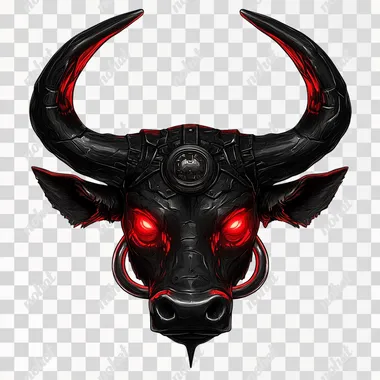 red bull head with big horns and big a nose ring and glowing red eyes, icon for horror video game, vector graphics, ui element, vector graphics, white background, horror, creepy, eerie, dark, black, ominous,