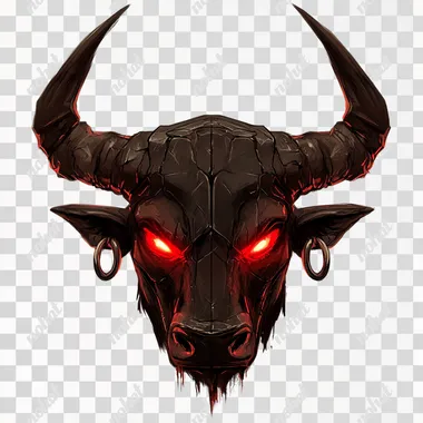 red bull head with big horns and big a nose ring and glowing red eyes, icon for horror video game, vector graphics, ui element, vector graphics, white background, horror, creepy, eerie, dark, black, ominous,