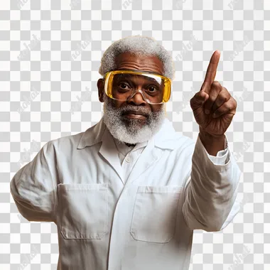 a black senior scientist looking like a hero, proud looking with safety googles, Index finger pointing upwards, hyper realistic photography, isolated on a yellow background