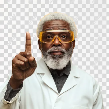 a black senior scientist looking like a hero, proud looking with safety googles, Index finger pointing upwards, hyper realistic photography, isolated on a yellow background