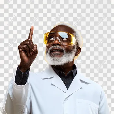a black senior scientist looking like a hero, proud looking with safety googles, Index finger pointing upwards, hyper realistic photography, isolated on a yellow background