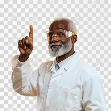 a black senior scientist looking like a hero, proud looking with safety googles, Index finger pointing upwards, hyper realistic photography, isolated on a yellow background