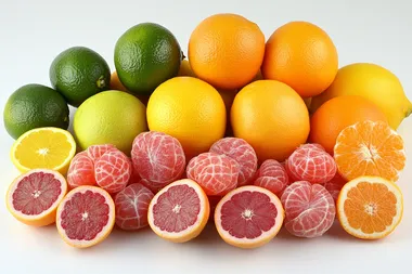 Bright assortment of citrus fruits, displayed on a clean white backdrop  --s 250