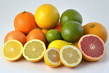 Bright assortment of citrus fruits, displayed on a clean white backdrop  --s 250