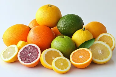 Bright assortment of citrus fruits, displayed on a clean white backdrop  --s 250