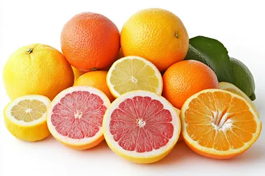 Bright assortment of citrus fruits, displayed on a clean white backdrop  --s 250
