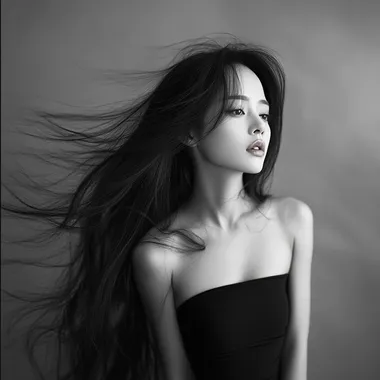 (High Fashion: 1.3) (Model: Yang Mi) In this captivating studio portrait, the charismatic Yang Mi takes center stage, photographed with a Hasselblad 503 medium format camera. Dressed in a sleek black tube top that perfectly complements her long, flowing hair, she exudes an air of high fashion and mystery. The medium format lens captures every intricate detail, from the subtle contours of her lips to the natural highlights in her long, luscious hair. The backdrop, transformed to a skin-toned hue, accentuates Yang Mi's radiance, creating an image that seamlessly blends elegance and modernity. Ideal for a skincare brand that embodies sophistication and celebrates the artistry of beauty.