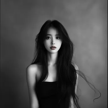(High Fashion: 1.3) (Model: Yang Mi) In this captivating studio portrait, the charismatic Yang Mi takes center stage, photographed with a Hasselblad 503 medium format camera. Dressed in a sleek black tube top that perfectly complements her long, flowing hair, she exudes an air of high fashion and mystery. The medium format lens captures every intricate detail, from the subtle contours of her lips to the natural highlights in her long, luscious hair. The backdrop, transformed to a skin-toned hue, accentuates Yang Mi's radiance, creating an image that seamlessly blends elegance and modernity. Ideal for a skincare brand that embodies sophistication and celebrates the artistry of beauty.