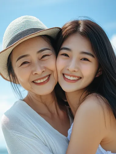 Asian mother daughter, mother 50 years old, daughter 20 years old, expressing happiness, daughter embracing from behind, natural and gentle facial expressions, realistic photos, unimaginable tenderness, high-precision details, blue sky background, simple advertising poster, half body