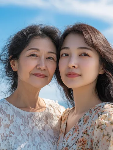 Asian mother daughter, mother 50 years old, daughter 20 years old, expressing happiness, daughter embracing from behind, natural and gentle facial expressions, realistic photos, unimaginable tenderness, high-precision details, blue sky background, simple advertising poster, half body