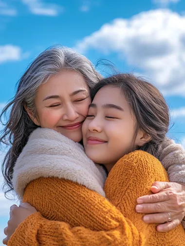Asian mother daughter, mother 50 years old, daughter 20 years old, expressing happiness, daughter embracing from behind, natural and gentle facial expressions, realistic photos, unimaginable tenderness, high-precision details, blue sky background, simple advertising poster, half body