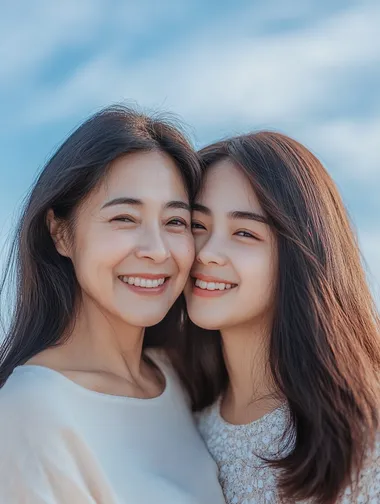 Asian mother daughter, mother 50 years old, daughter 20 years old, expressing happiness, daughter embracing from behind, natural and gentle facial expressions, realistic photos, unimaginable tenderness, high-precision details, blue sky background, simple advertising poster, half body