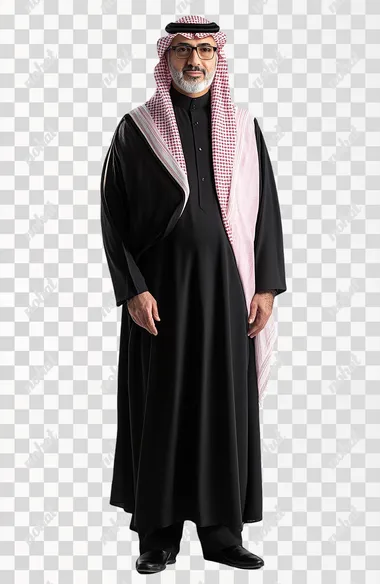 full body portrait of a saudi professor in a suite, studio lighting, front view, white background