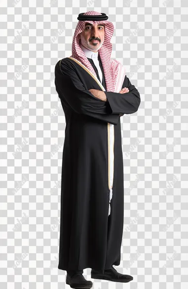 full body portrait of a saudi professor in a suite, studio lighting, front view, white background