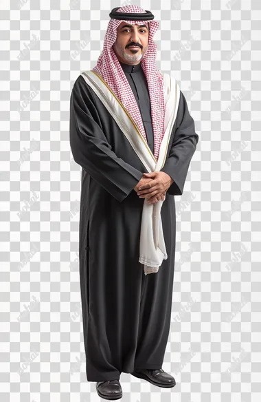 full body portrait of a saudi professor in a suite, studio lighting, front view, white background