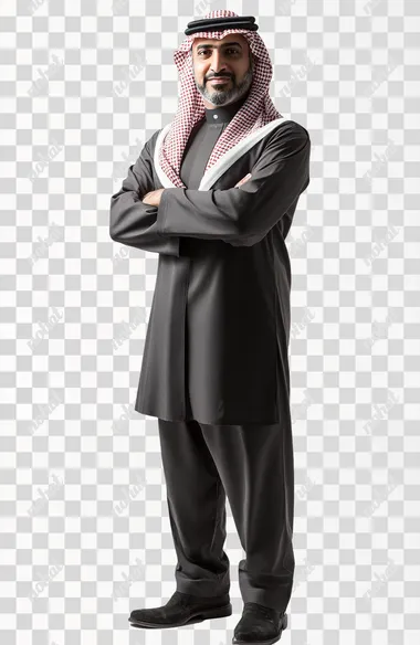 full body portrait of a saudi professor in a suite, studio lighting, front view, white background