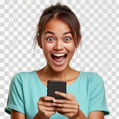 1 Filipino morena woman with a joyful and surprised expression. She has a bright smile that conveys excitement and happiness. Her eyes are wide open, and her eyebrows are raised, emphasizing her surprise. She is holding a smartphone in her right hand, which could be the source of her excitement. In the photo, the woman is holding a smartphone in her right hand, which is slightly raised. Her fingers are spread out in a relaxed, open position, suggesting that she might have just interacted with the phone or is showing it off. Her left hand is in a fist, but it appears to be relaxed by her side. The position of her hands complements her excited and surprised expression, highlighting the source of her joy. She is wearing a blue-turquiose colored shirt. white background, 4k, studio photography, real person, real image