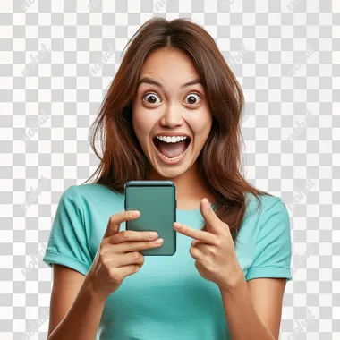 1 Filipino morena woman with a joyful and surprised expression. She has a bright smile that conveys excitement and happiness. Her eyes are wide open, and her eyebrows are raised, emphasizing her surprise. She is holding a smartphone in her right hand, which could be the source of her excitement. In the photo, the woman is holding a smartphone in her right hand, which is slightly raised. Her fingers are spread out in a relaxed, open position, suggesting that she might have just interacted with the phone or is showing it off. Her left hand is in a fist, but it appears to be relaxed by her side. The position of her hands complements her excited and surprised expression, highlighting the source of her joy. She is wearing a blue-turquiose colored shirt. white background, 4k, studio photography, real person, real image