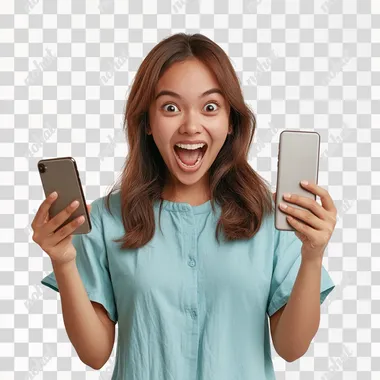 1 Filipino morena woman with a joyful and surprised expression. She has a bright smile that conveys excitement and happiness. Her eyes are wide open, and her eyebrows are raised, emphasizing her surprise. She is holding a smartphone in her right hand, which could be the source of her excitement. In the photo, the woman is holding a smartphone in her right hand, which is slightly raised. Her fingers are spread out in a relaxed, open position, suggesting that she might have just interacted with the phone or is showing it off. Her left hand is in a fist, but it appears to be relaxed by her side. The position of her hands complements her excited and surprised expression, highlighting the source of her joy. She is wearing a blue-turquiose colored shirt. white background, 4k, studio photography, real person, real image