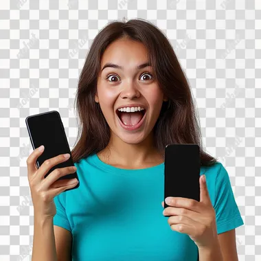 1 Filipino morena woman with a joyful and surprised expression. She has a bright smile that conveys excitement and happiness. Her eyes are wide open, and her eyebrows are raised, emphasizing her surprise. She is holding a smartphone in her right hand, which could be the source of her excitement. In the photo, the woman is holding a smartphone in her right hand, which is slightly raised. Her fingers are spread out in a relaxed, open position, suggesting that she might have just interacted with the phone or is showing it off. Her left hand is in a fist, but it appears to be relaxed by her side. The position of her hands complements her excited and surprised expression, highlighting the source of her joy. She is wearing a blue-turquiose colored shirt. white background, 4k, studio photography, real person, real image